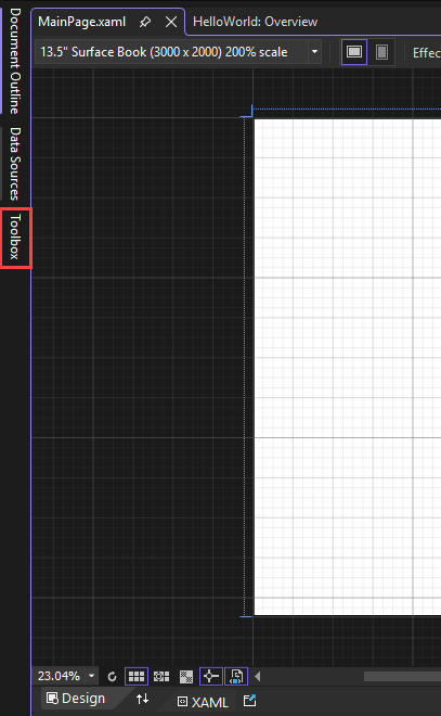Captura de tela mostrando a guia da janela suspensa 'Caixa de Ferramentas' realçada no lado esquerdo do Painel do Designer XAML.
