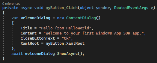 Captura de tela mostrando o código C# para o novo manipulador de eventos assíncrono myButton_Click no Visual Studio 2022.