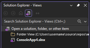 Captura de tela da Visão de Pasta no Solution Explorer no Visual Studio.