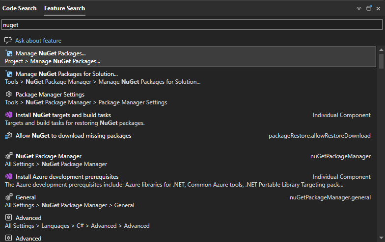Captura de tela que mostra a caixa de pesquisa do Início Rápido no Visual Studio.
