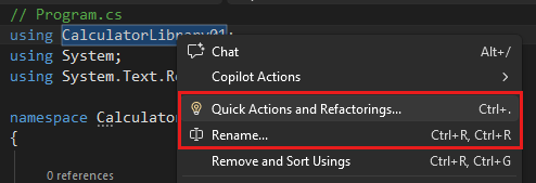 Captura de tela que mostra a Refatoração no Visual Studio.