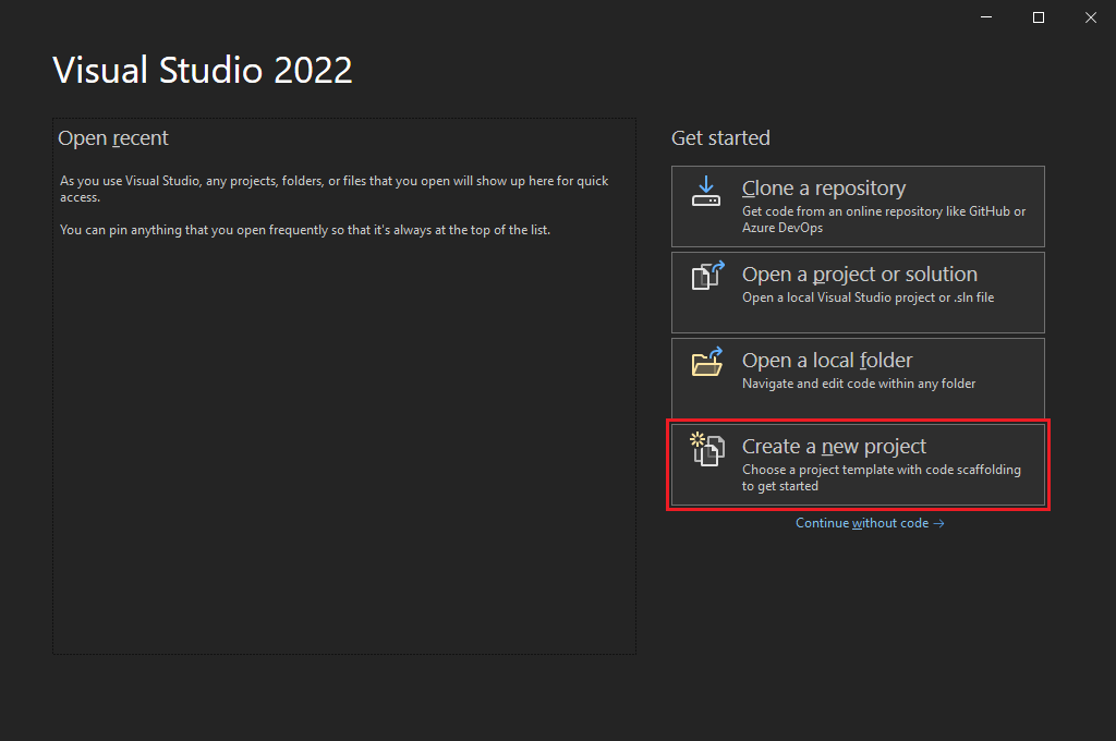Captura de tela do menu Iniciar do Visual Studio 2022 com Criar um novo projeto selecionado.