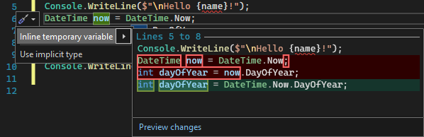 Screenshot mostrando a sugestão de variável temporária embutida no Visual Studio 2022.