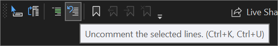 Captura de tela do botão Descomentar na barra de ferramentas do Editor de Texto no Visual Studio 2022.