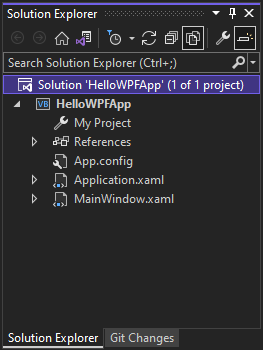 Screenshot mostrando os arquivos no projeto HelloWPFApp e na solução no Gerenciador de Soluções no Visual Studio 2022.