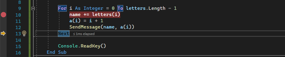 Captura de tela mostrando uma sessão de depuração no editor do Visual Studio Code com a execução pausada depois de passar por cima da chamada do método 'SendMessage'.