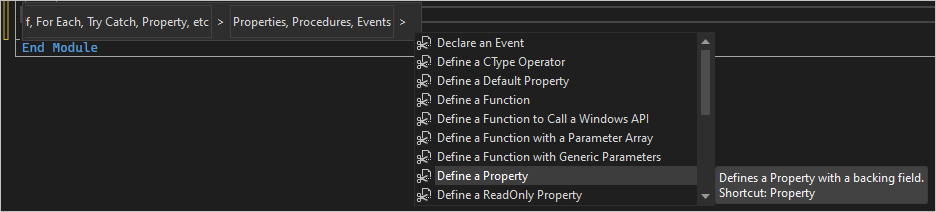 Captura de tela do menu de trecho de código para 