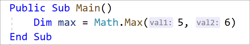 Dicas de nome do parâmetro embutido para o Visual Basic