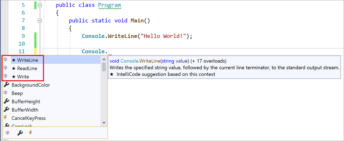 Captura de tela das sugestões destacadas do IntelliSense usando o IntelliCode no Visual Studio.