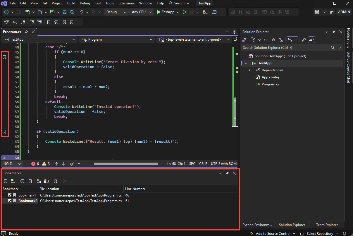 Screenshot da janela de Marcadores no Visual Studio que tem marcadores adicionados.