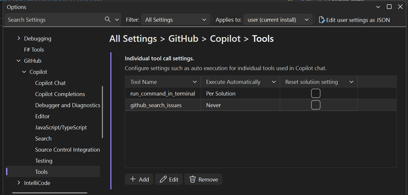 Captura de tela das configurações da ferramenta GitHub Copilot no Visual Studio.
