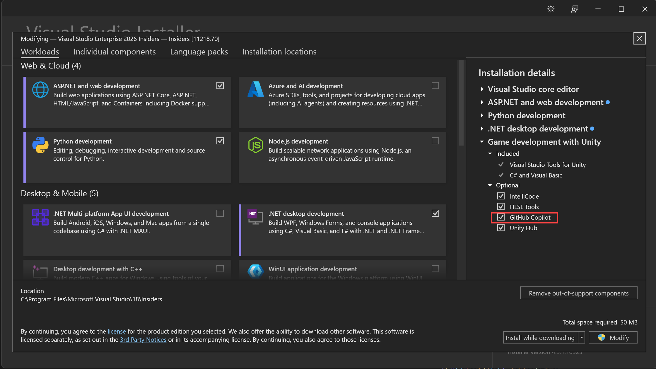Captura de tela que mostra como usar o Instalador do Visual Studio para instalar o componente Do GitHub Copilot.