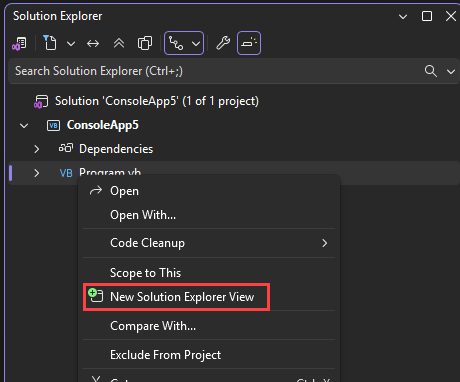 Captura de tela da Nova Exibição do Gerenciador de Soluções do menu de contexto de clique com o botão direito do mouse no Gerenciador de Soluções.