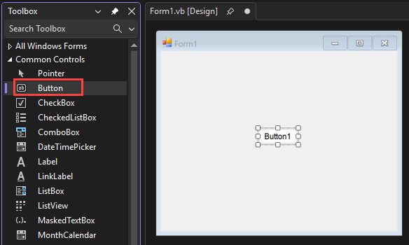 Captura de tela mostra o controle Button adicionado ao formulário.