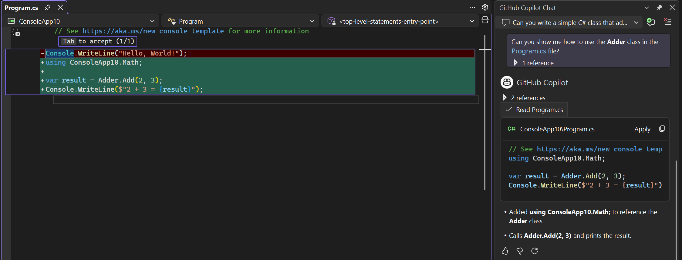 Captura de tela das sugestões de código na exibição de comparação na janela do editor.