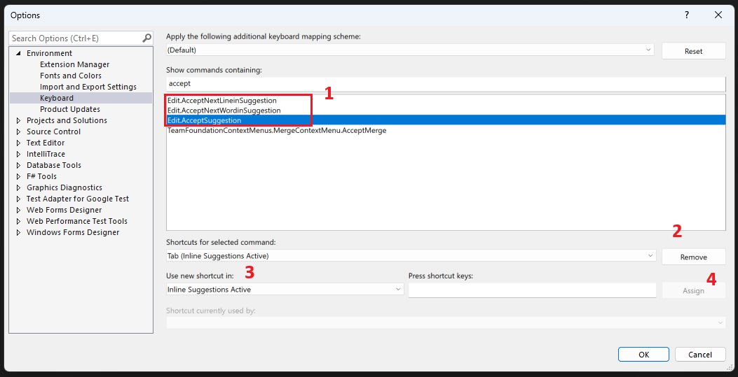Captura de tela mostrando a caixa de diálogo Configurações do teclado com o comando Edit.AcceptSuggestion selecionado e um atalho personalizado atribuído no escopo Sugestão em linha Ativa.