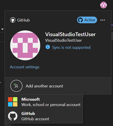 Captura de tela do uso da opção Adicionar outra conta para adicionar uma conta do GitHub no gerenciamento de perfil.