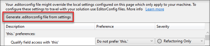 Captura de tela da geração do arquivo editorconfig a partir das configurações.