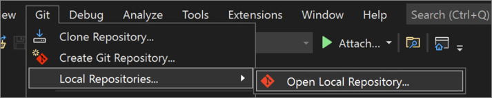 Captura de tela do menu Git no Visual Studio 2022, exibindo o Repositório Local e Abrir Repositório Local.