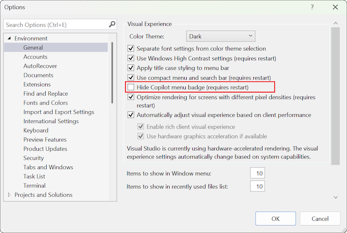 Captura de tela que mostra como limpar a opção de selo de menu Ocultar Copilot no Visual Studio.