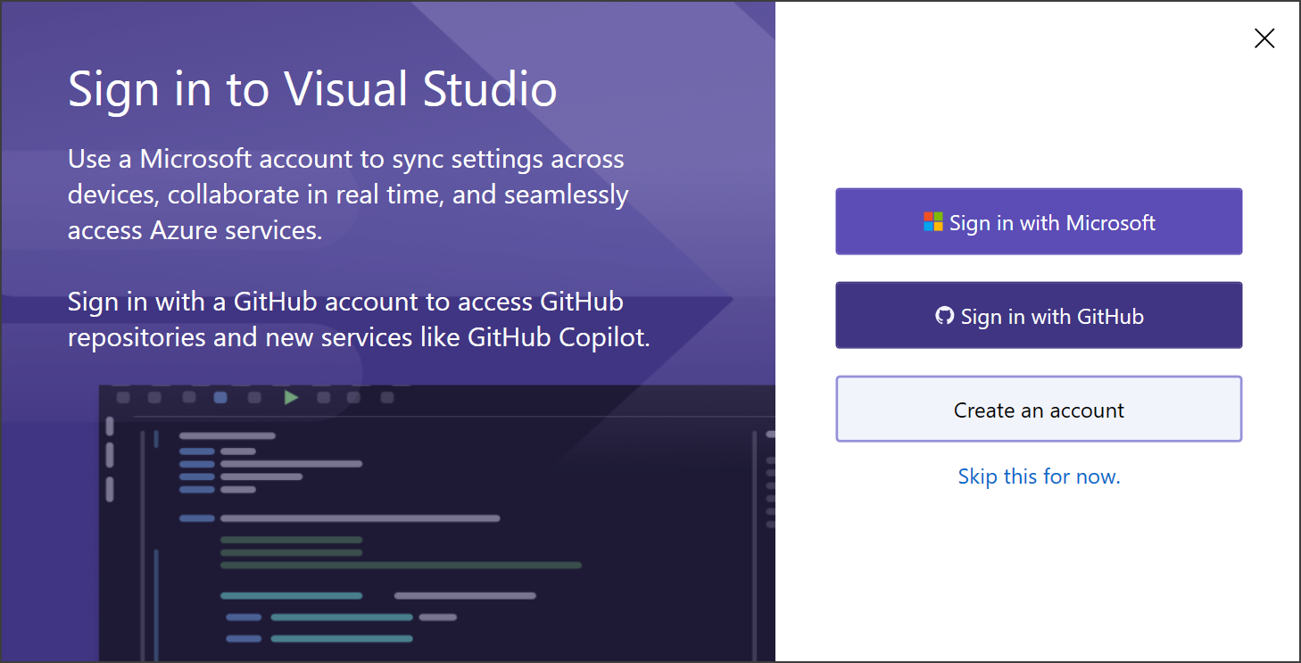 Captura de tela mostrando a entrada na primeira inicialização do Visual Studio.
