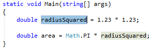 Captura de tela do código realçado para Variável Temporária Embutida – C#.