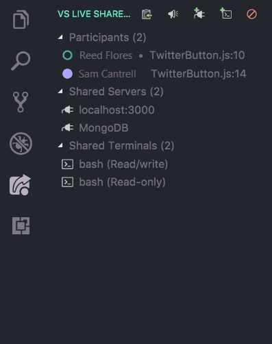 Screenshot que mostra a guia Live Share em Visual Studio Code.