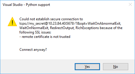 Captura de tela do aviso informando que o certificado SSL remoto não é confiável.