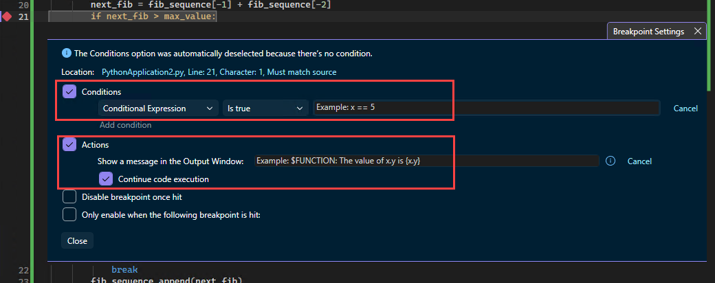 Captura de tela que mostra como criar ações de tracepoint para um ponto de interrupção no Visual Studio.