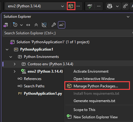Screenshot que mostra como acessar a opção Gerenciar pacotes de Python para um ambiente em Gerenciador de Soluções.