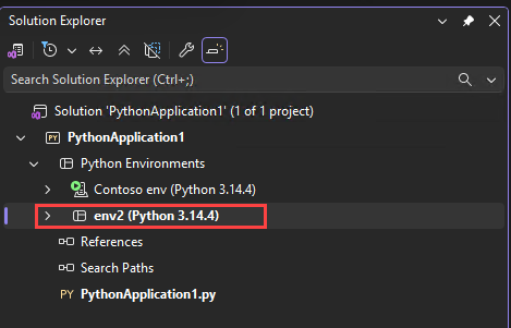 Screenshot que mostra como Visual Studio mostra o nome do ambiente ativo em uma fonte em negrito em Gerenciador de Soluções.