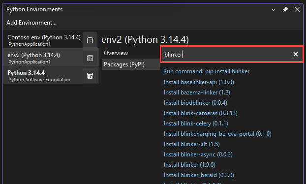 Captura de tela que mostra como o Visual Studio permite pesquisar pacotes correspondentes na janela de Ambientes Python.