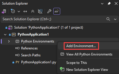 Screenshot que mostra o comando Adicionar Ambiente em Visual Studio.