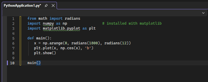 Captura de tela que mostra como o Visual Studio usa a formatação especial para indicar que a instrução de importação matplotlib não foi resolvida.
