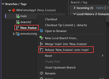 Captura de tela do rebasing de branches no Visual Studio.