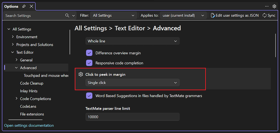 Captura de tela da configuração do Editor de Texto 'Clique para espiar na margem'.