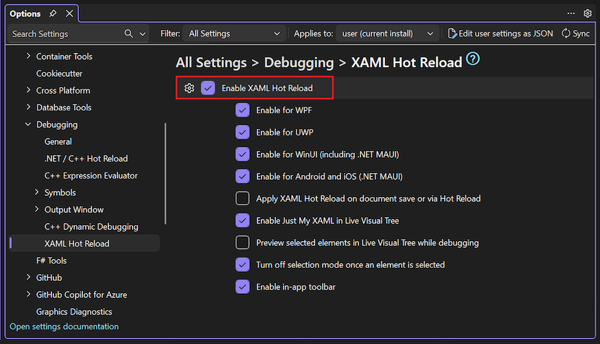 Captura de tela das opções do XAML Hot Reload no painel Opções de Ferramentas.