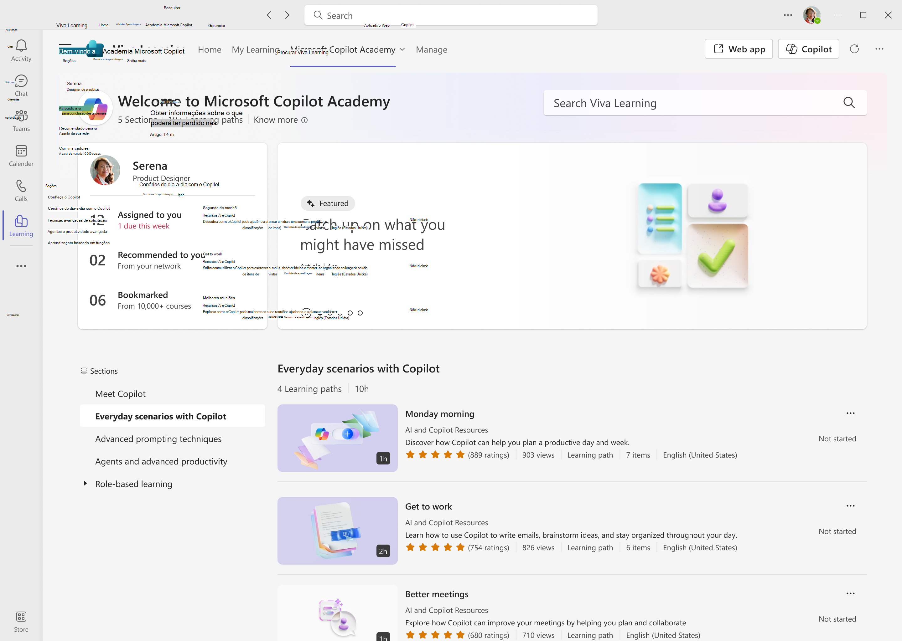 Captura de ecrã da Home page da Academia Copilot no Viva Learning.