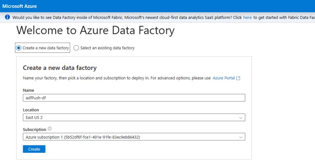 Captura de tela que mostra como criar um novo data factory ou usar um existente.