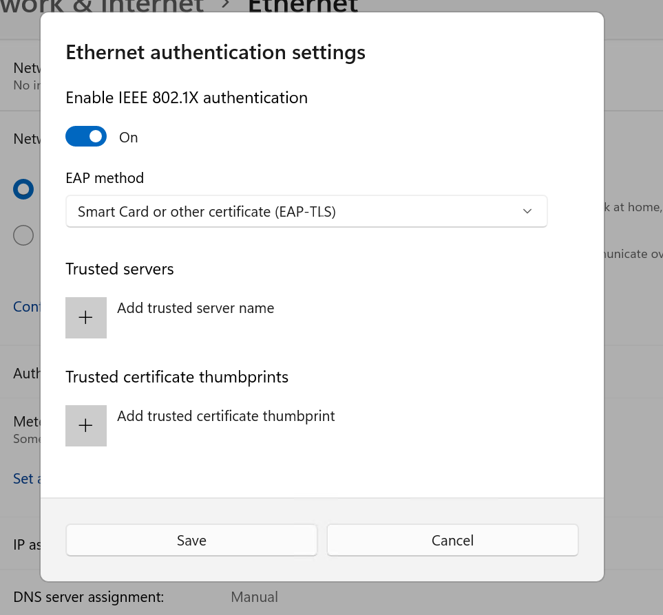 captura de tela da caixa de diálogo configurações de autenticação Ethernet, expandida, no aplicativo Configurações do Windows 11.
