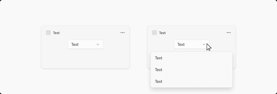 Duas imagens de widgets que ilustram menus suspensos. Na imagem da esquerda, o menu suspenso está recolhido. Na imagem da direita, o menu suspenso está expandido e se estende além da borda do widget.