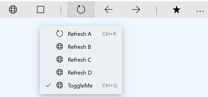 Captura de tela de um Menu com MenuFlyoutItems que incluem combinações de teclas de acelerador.