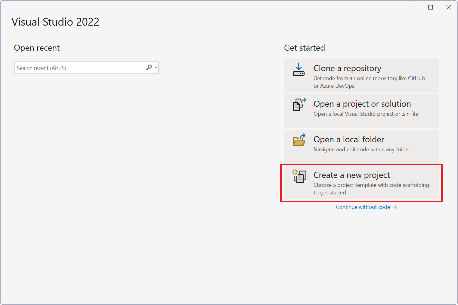 Screenshot da janela inicial do Visual Studio.