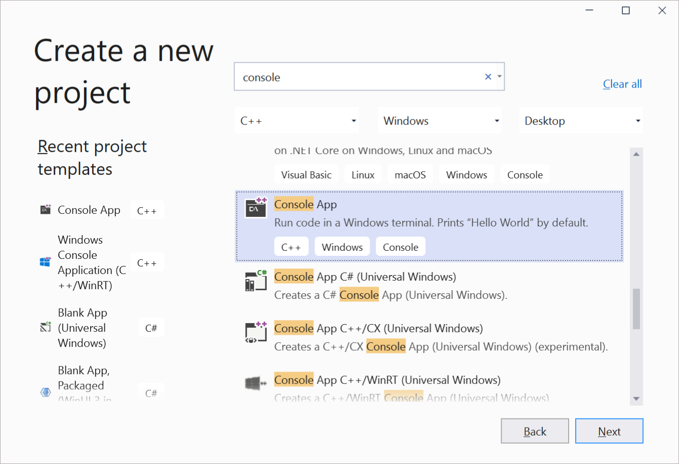 Screenshot da criação de um novo aplicativo C++ em Visual Studio