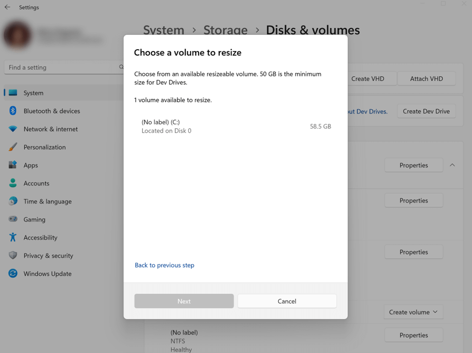 Captura de tela da seleção do volume do Dev Drive para redimensionar nas Configurações.
