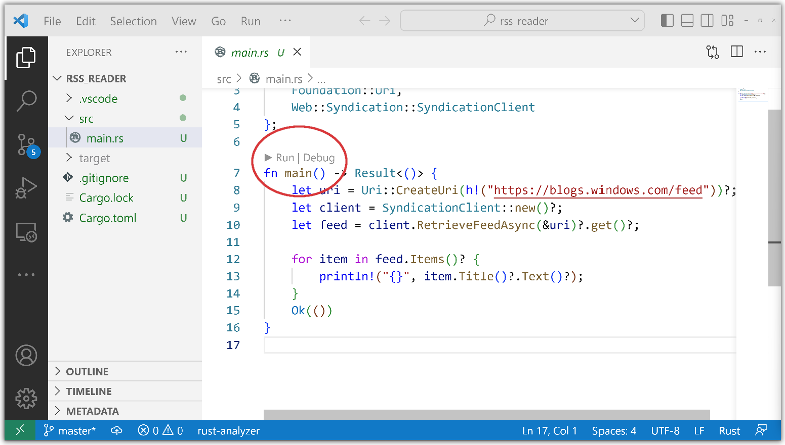 Os comandos Depurar e Executar inseridos no editor de texto