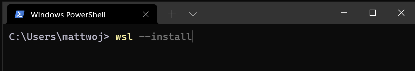 Linha de comando do PowerShell executando o comando wsl --install