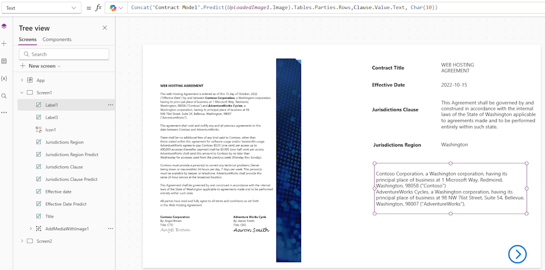 Captura de ecrã de um campo de primeira cláusula com valores de texto concatenados para um documento de contrato.