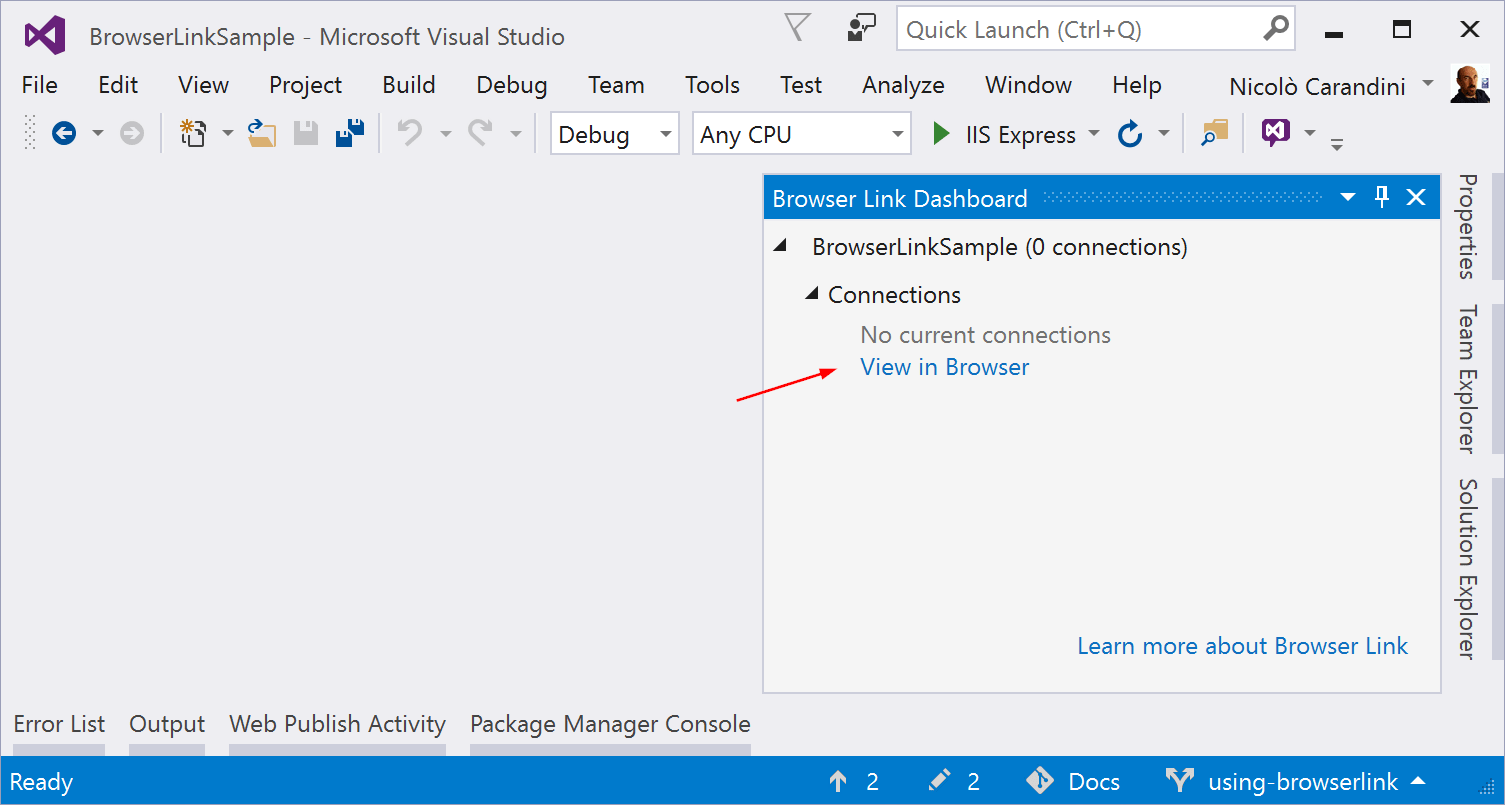 Painel do Browserlink sem conexões