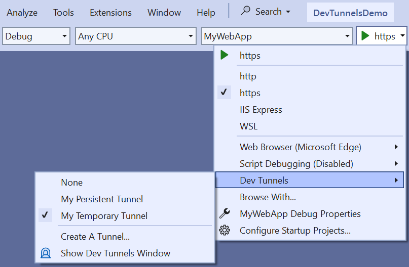 Dropdown de depuração mostrando o túnel ativo no menu de Túneis de Desenvolvimento.
